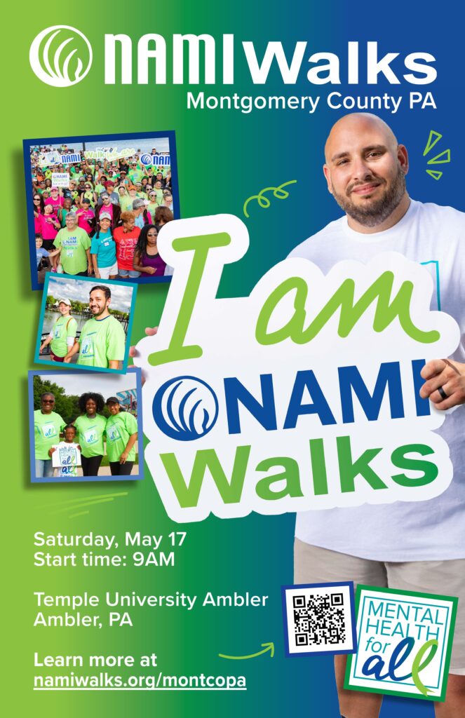 NAMIWalks Montgomery County PA event graphic promoting mental health awareness, community support, and the May 17 walk in Ambler.