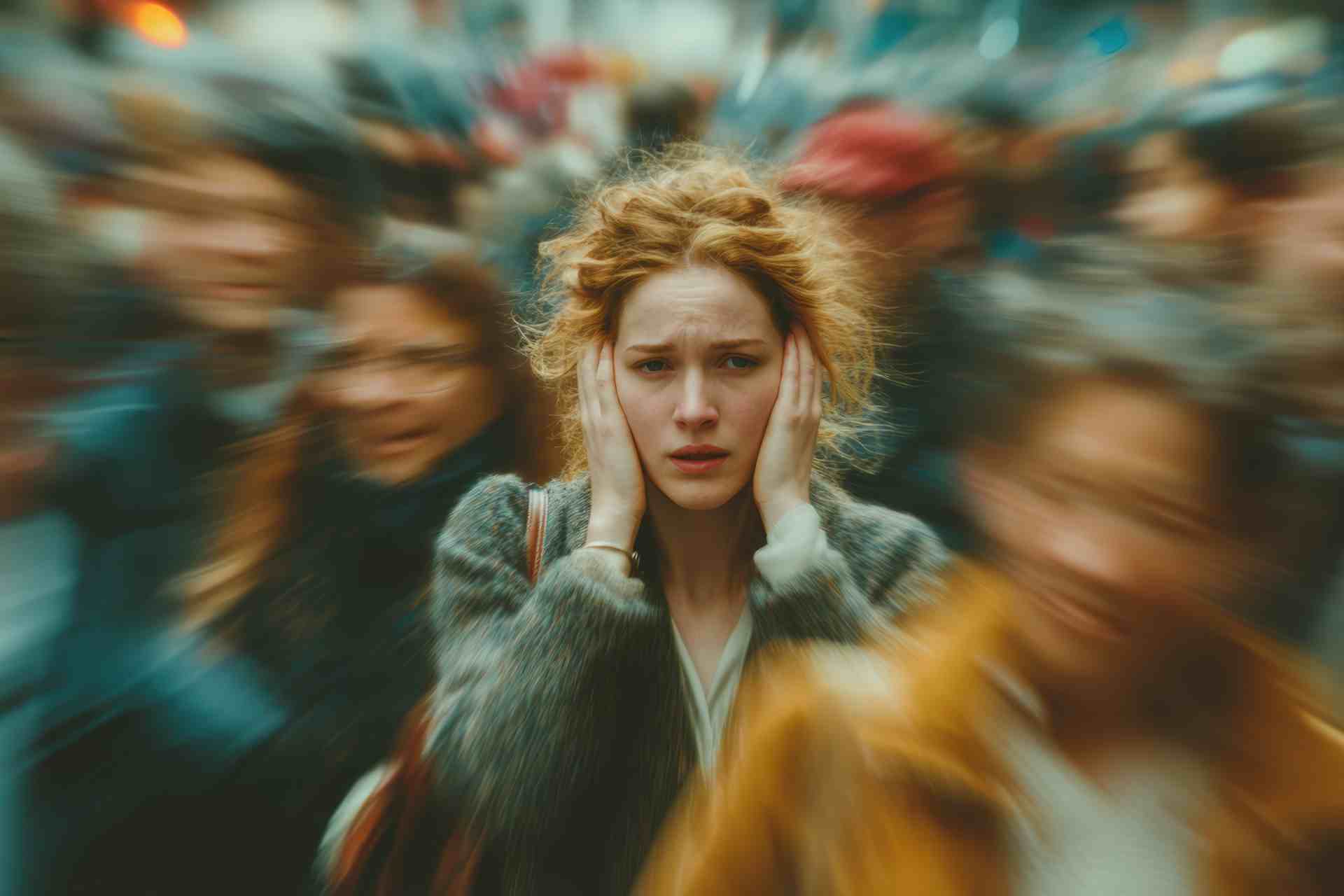 Woman experiencing anxiety attack symptoms in crowded environment